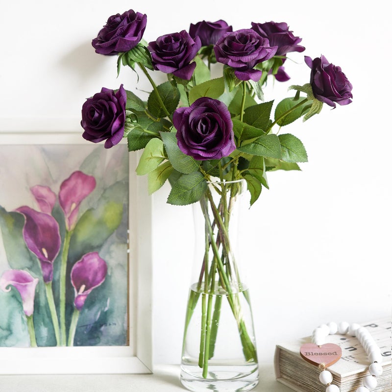 FiveSeasonStuff 12 Stems Artificial Flowers Real Touch Silk Roses for Wedding Decoration Bridal Bouquets Table Centerpieces Party Shower, Packed in Box (Mysterious Purple) - Image 3